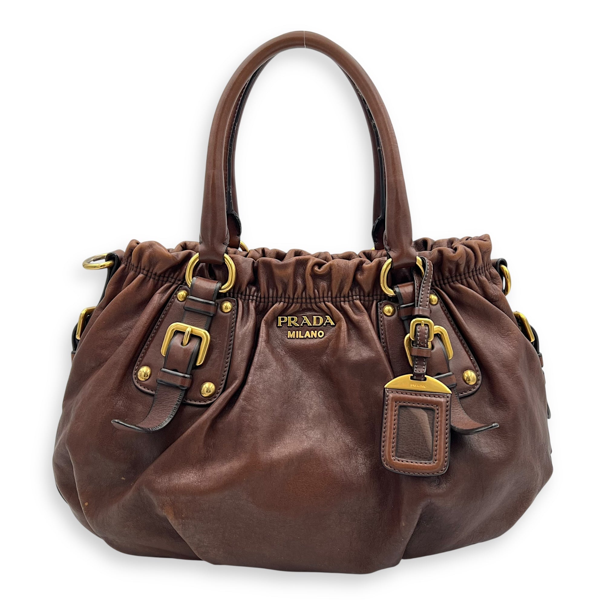 Logo Top Handle Bag Brown in Calfskin, Gold hardware