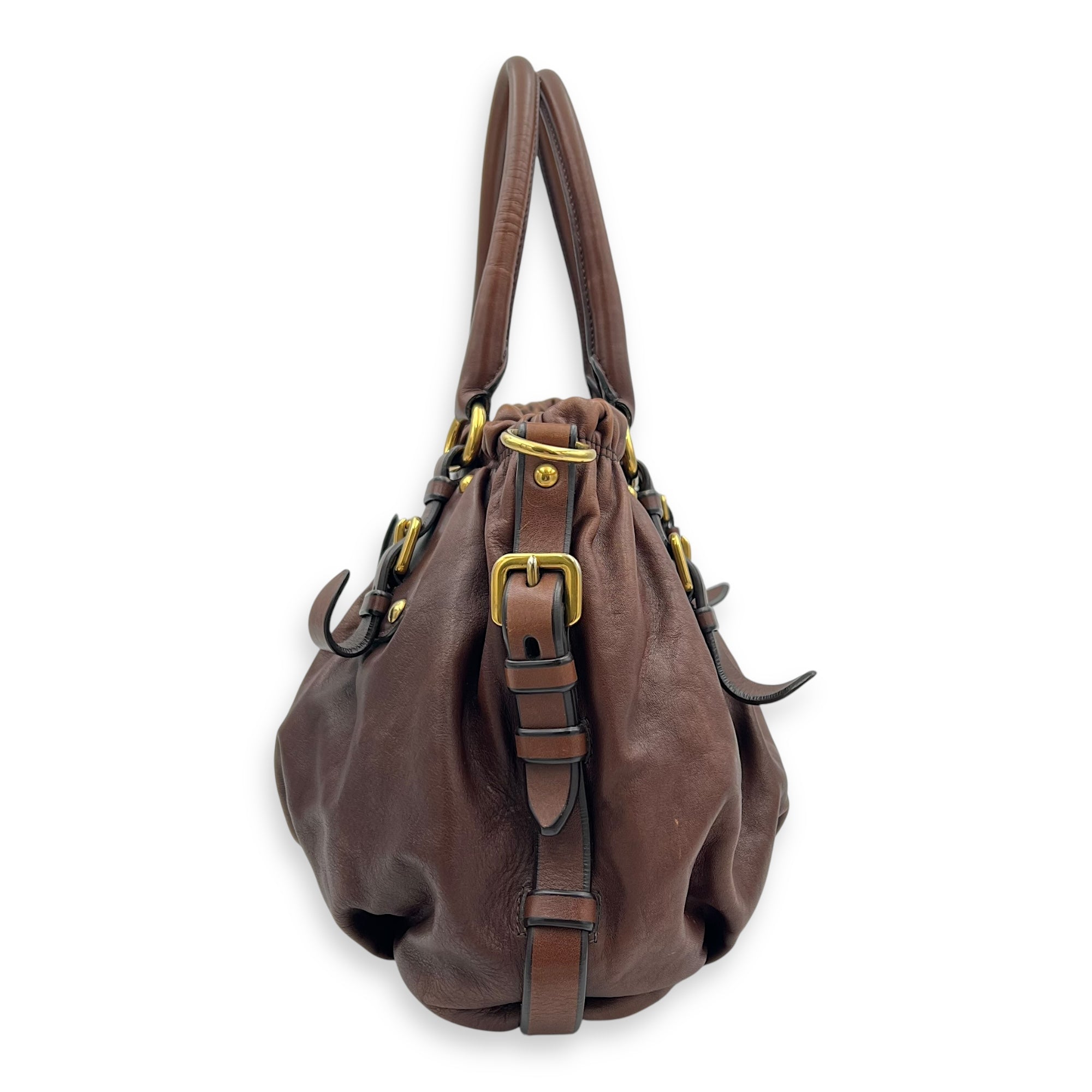 Logo Top Handle Bag Brown in Calfskin, Gold hardware - Image 5