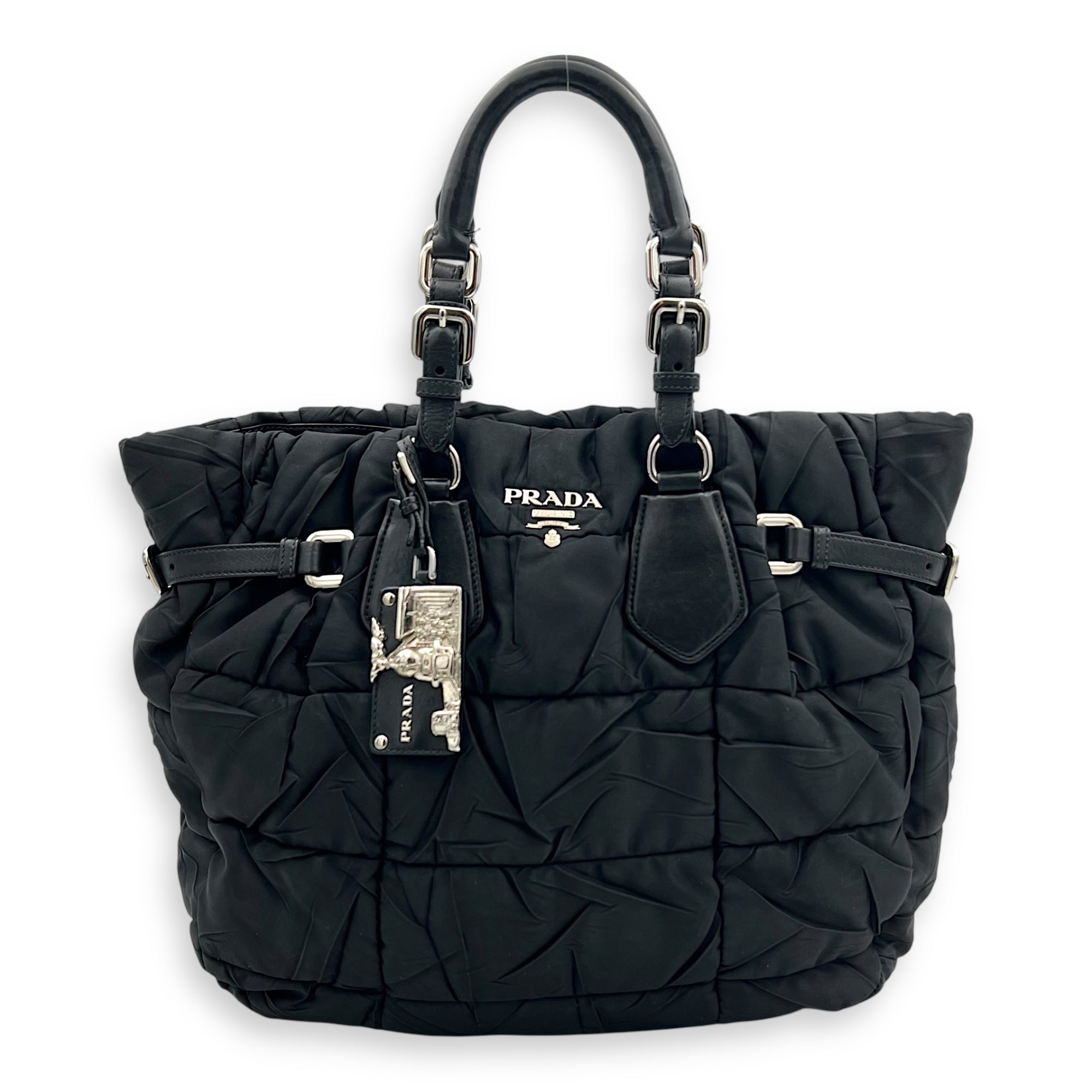 Logo Top Handle Bag Black in Nylon, Silver hardware