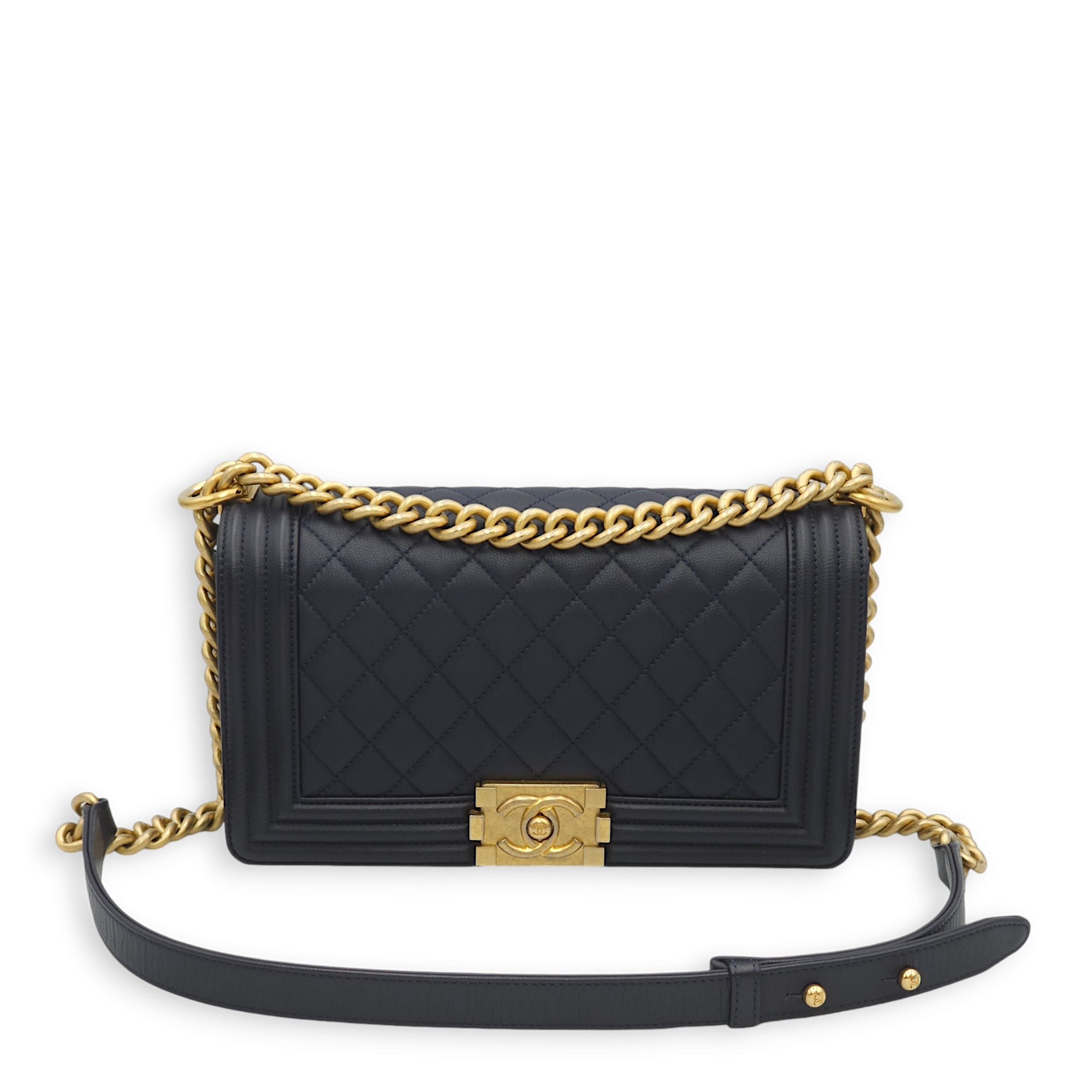 Boy Medium Navy Blue Crossbody Bag in Caviar Leather, Gold hardware - Image 8