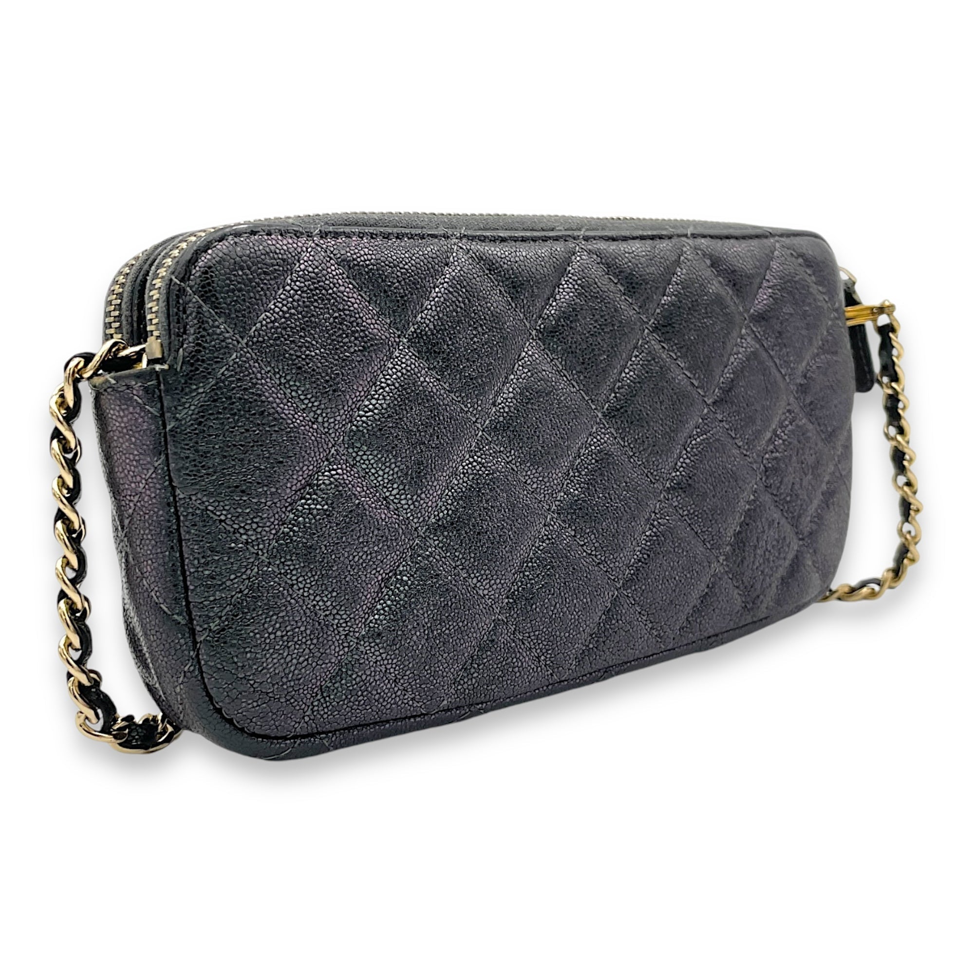 Double Zipped Clutch Iridescent in Caviar Leather, Gold hardware - Image 5