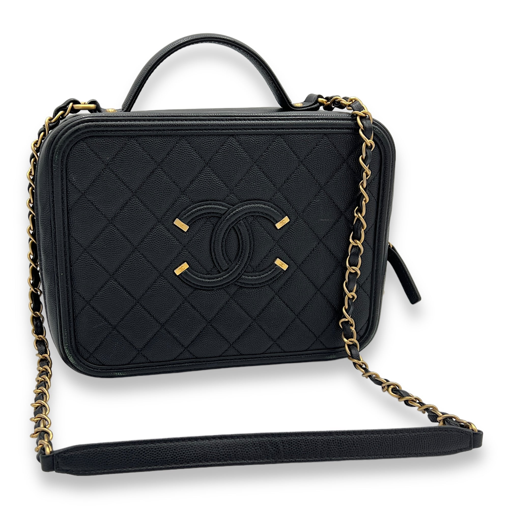 Filigree Large Black Vanity Bag in Caviar Leather, Gold hardware - Image 12