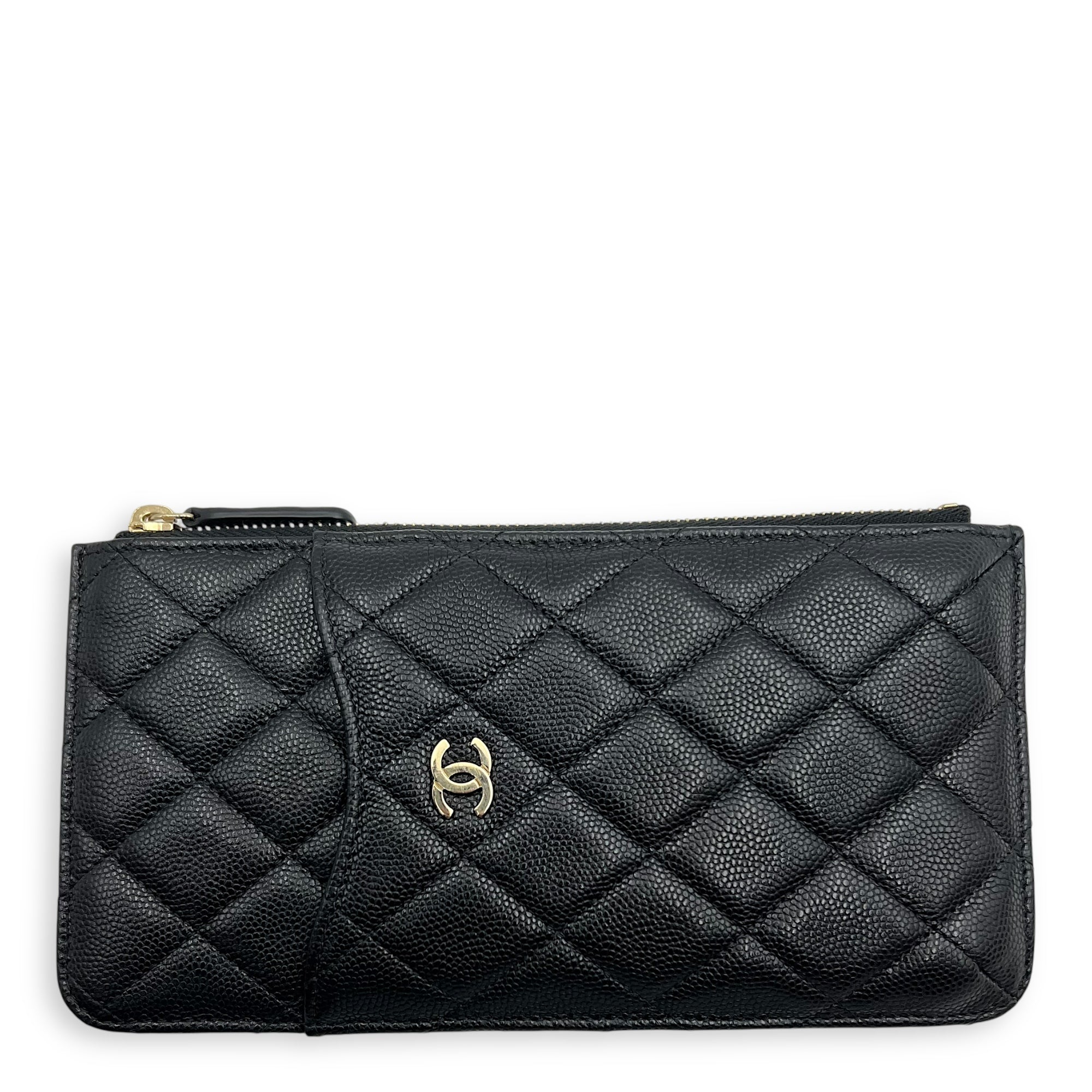 CC Black Phone Holder with Card Holder in Caviar Leather, Gold hardware