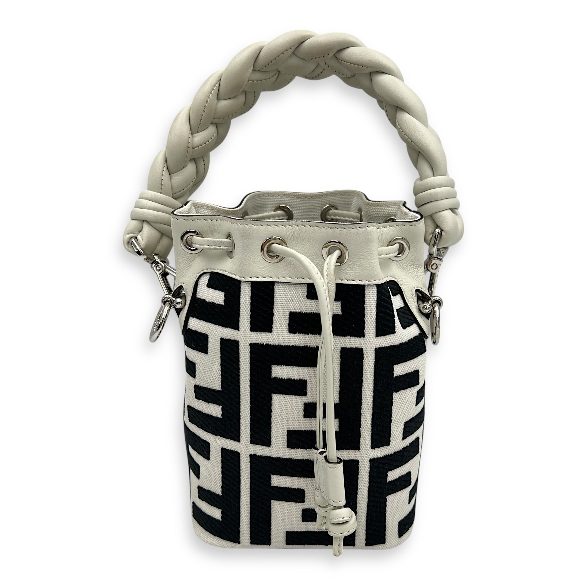 Mon Tresor White Bucket Bag in Canvas, Silver hardware