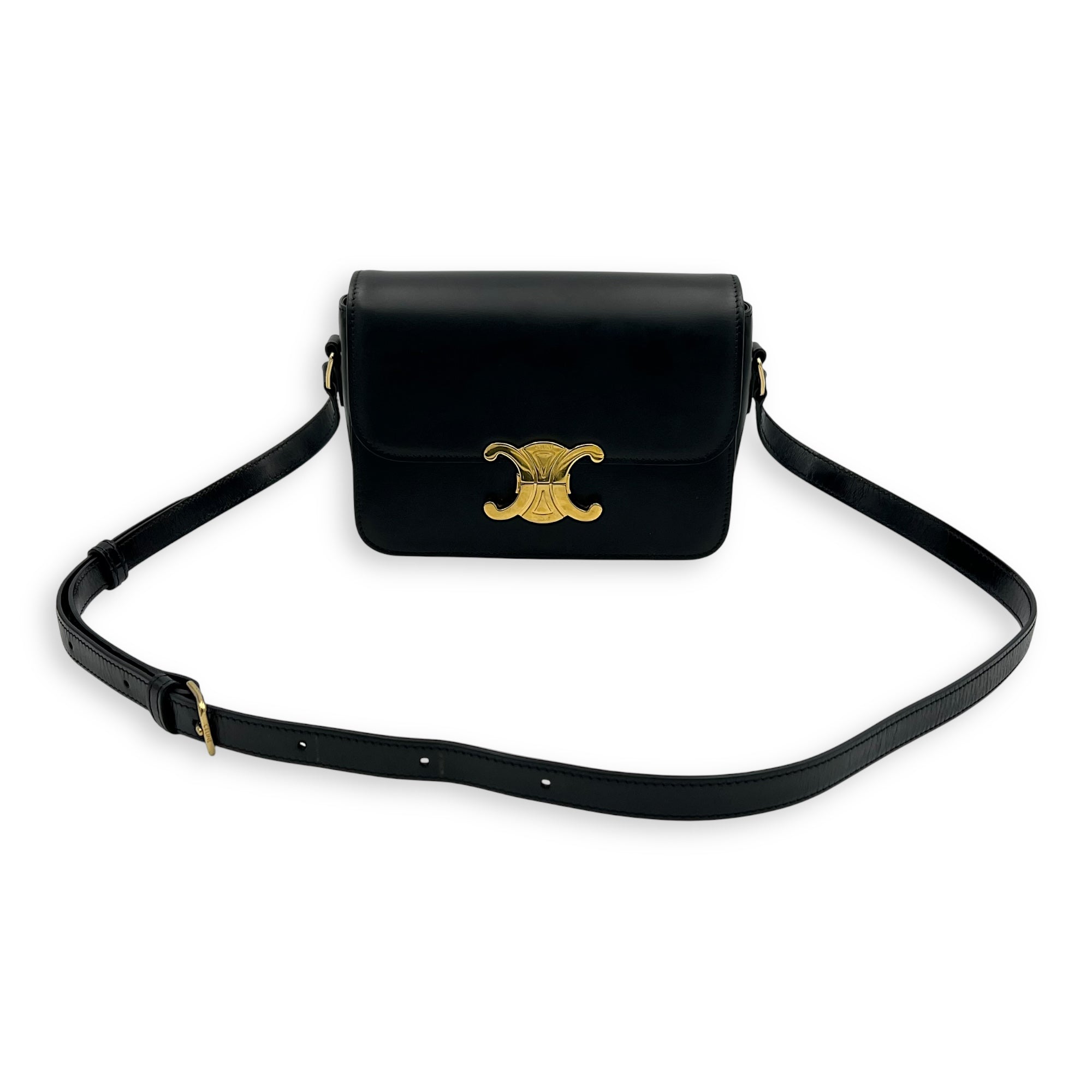 Triomphe Teen Black Crossbody Bag in Box Calfskin, Gold hardware - Image 11