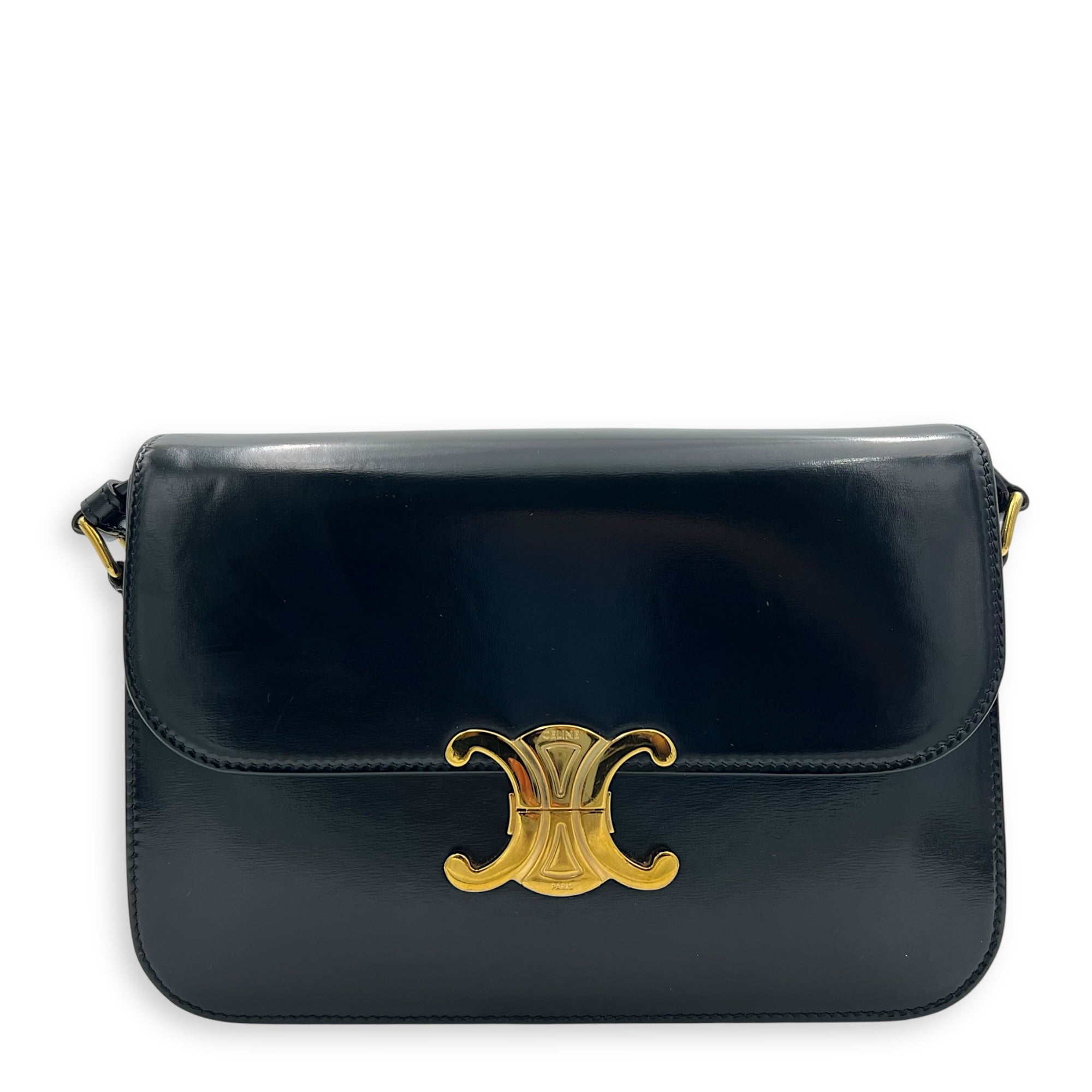 Triomphe Classique Black Shoulder Bag in Calfskin, Gold hardware