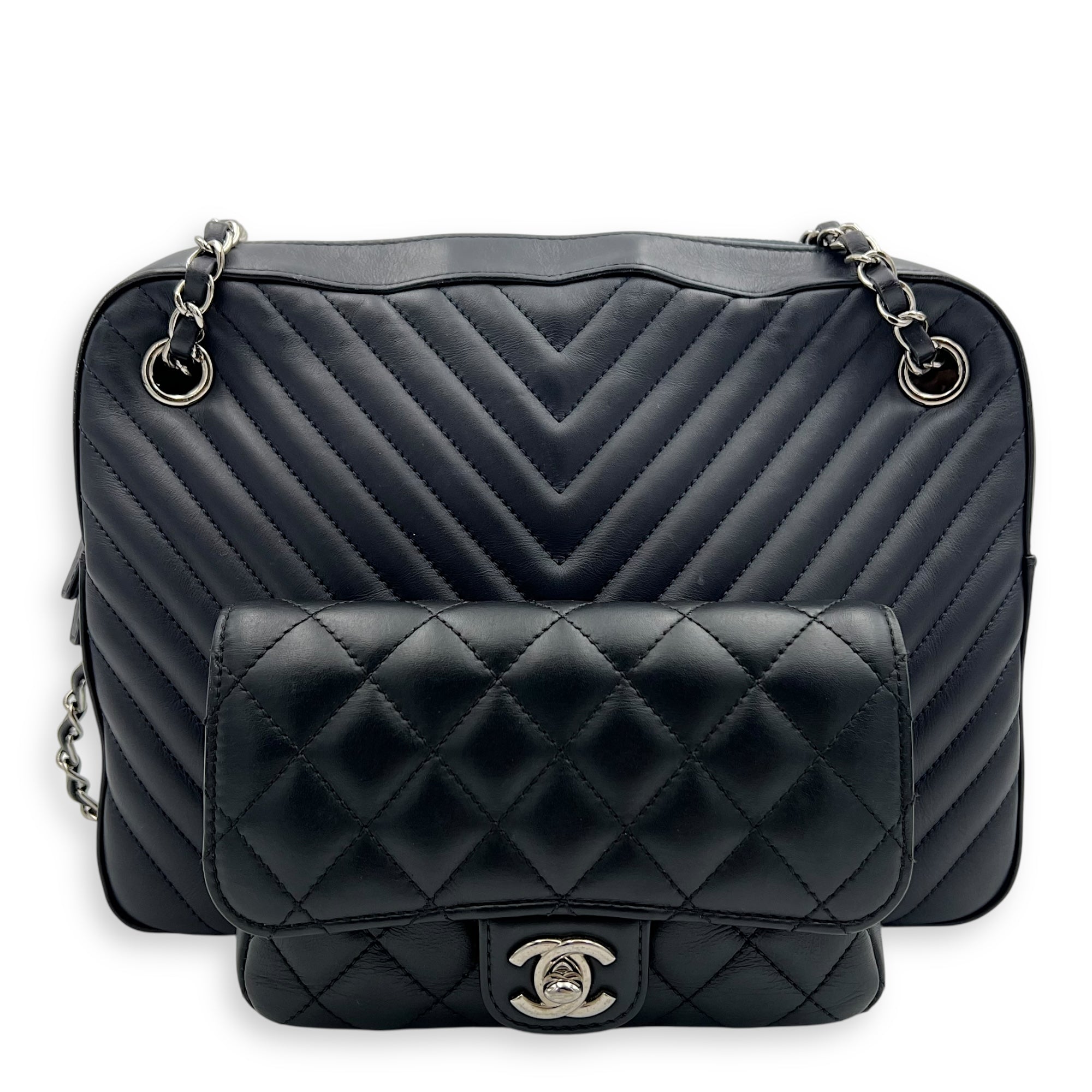 Paris Hamburg Double Camera Bag With Flap Navy & Black Shoulder Bag in Calfskin, Silver hardware
