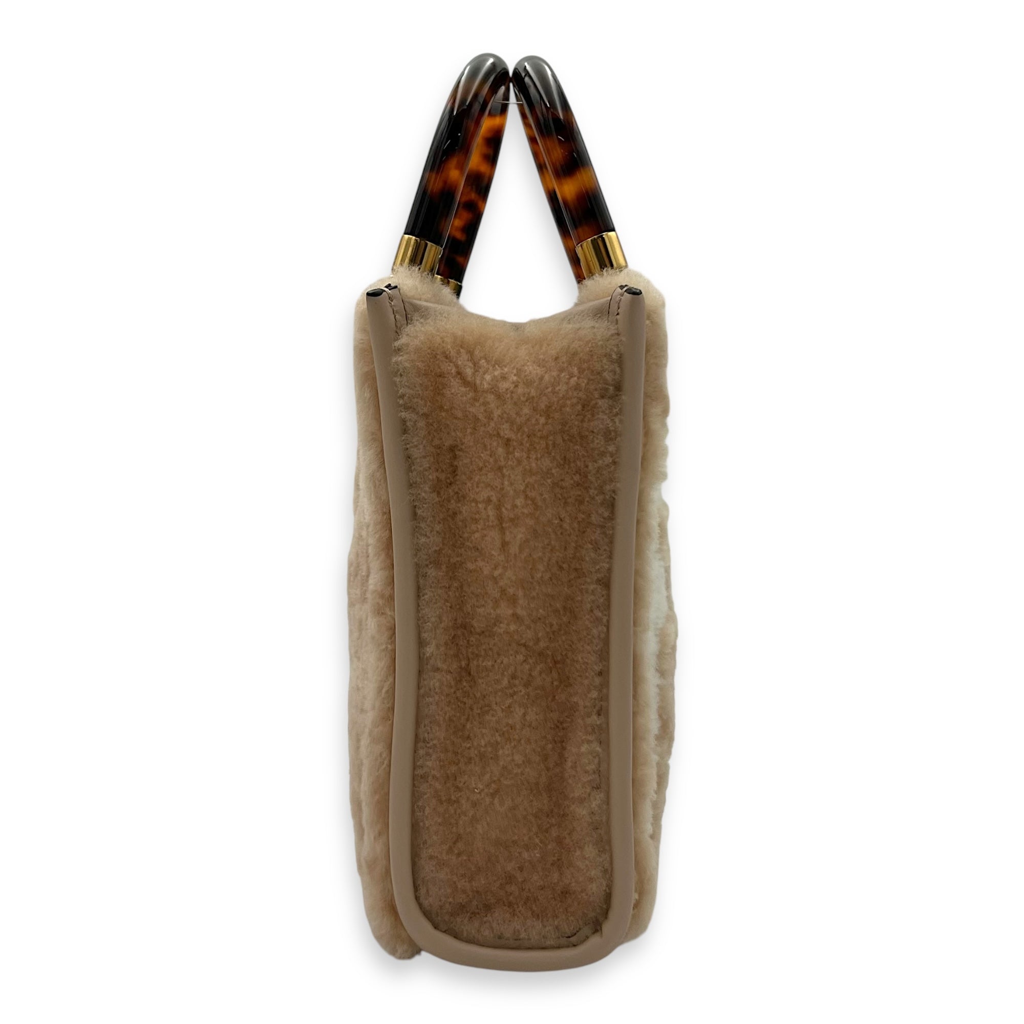 Sunshine Top Handle Bag Mini Beige in Faux Fur, Gold hardware - Image 5