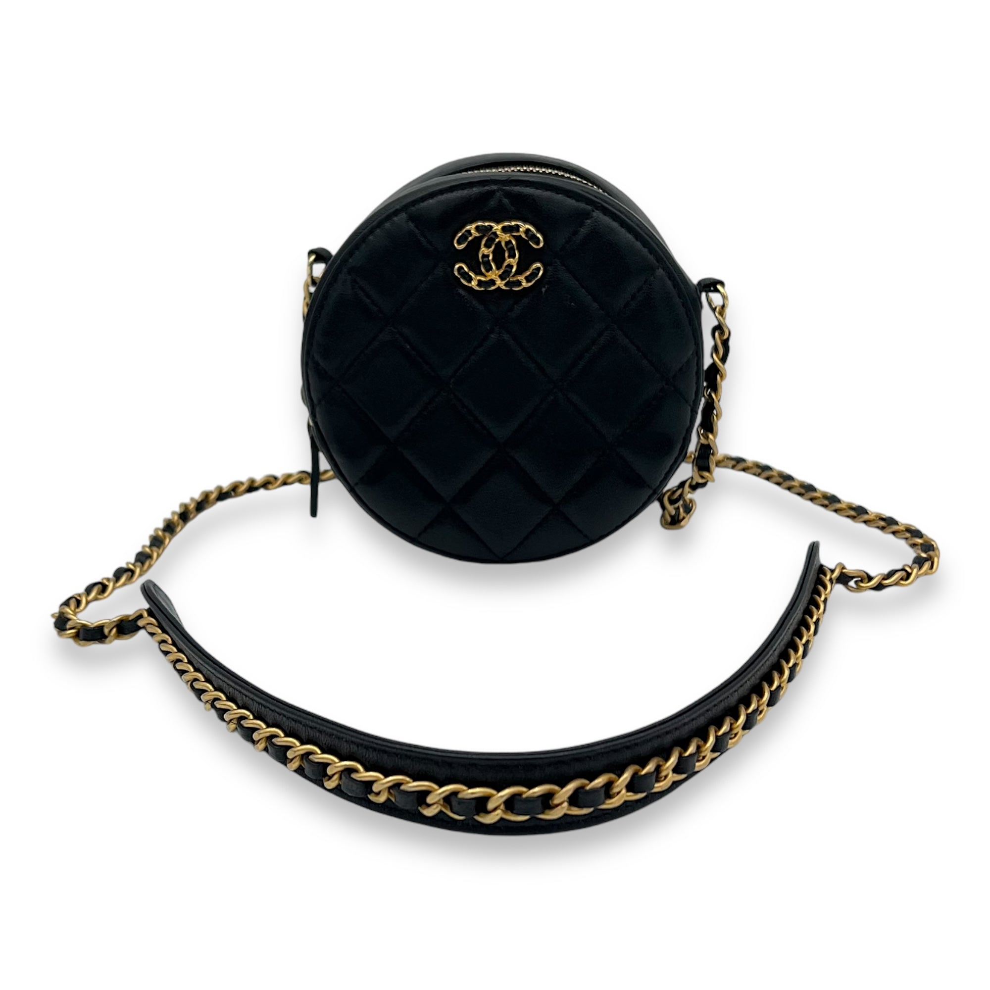 Round CC Crossbody Bag Black in Lambskin, Gold hardware - Image 8