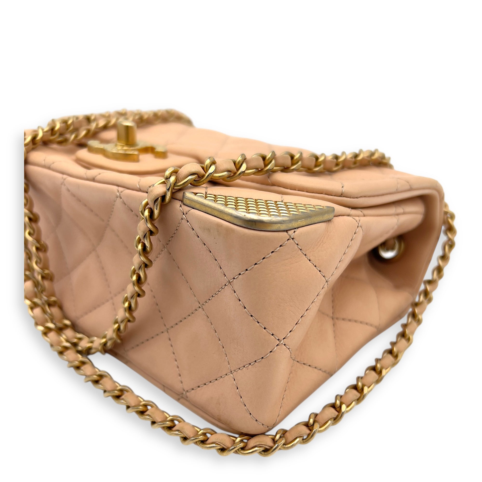 Mini Rectangle Shoulder Bag Beige in Lambskin, Gold hardware - Image 8