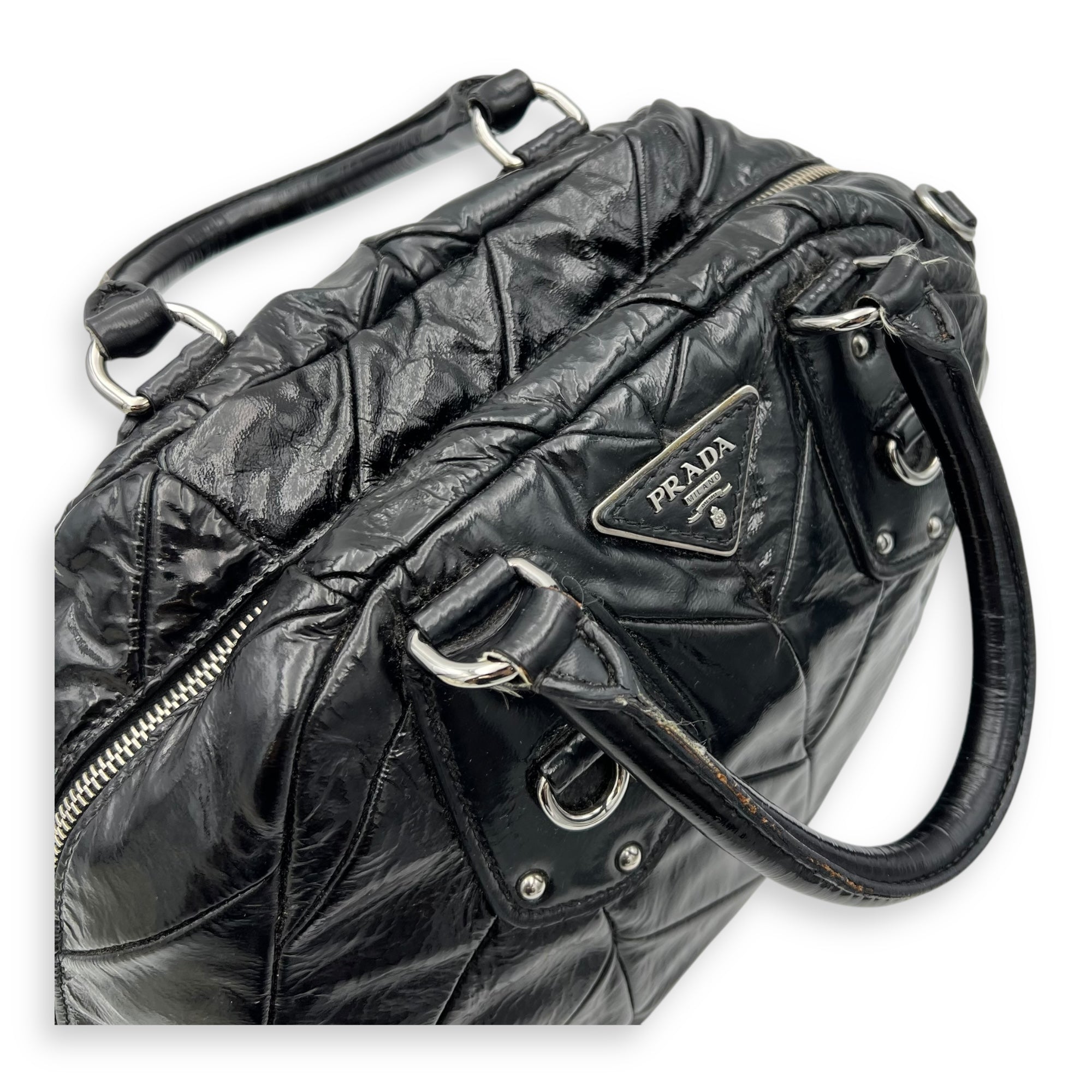 Quilted Top Handle Bag Black in Glazed Calfskin, Silver hardware - Image 10