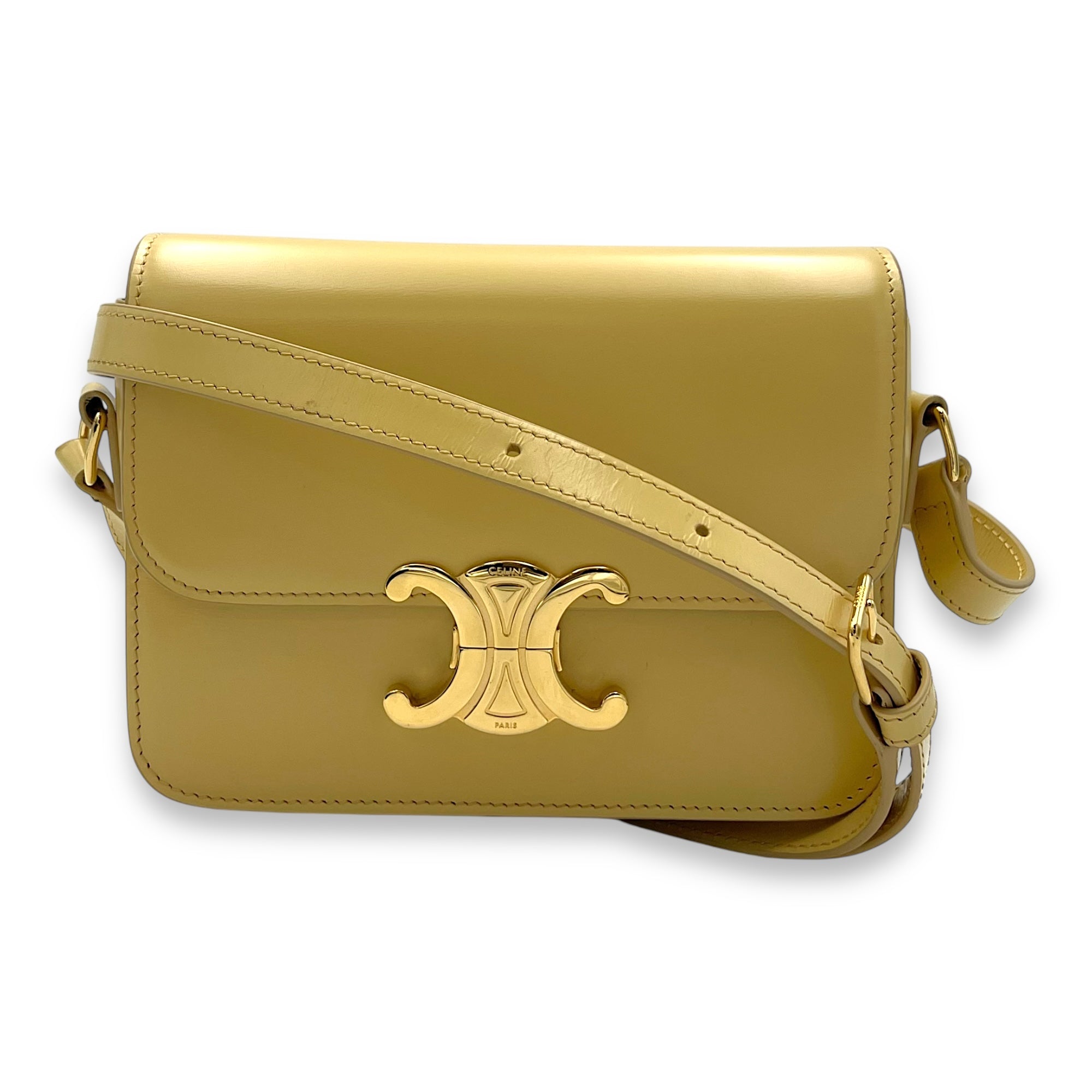 Triomphe Crossbody Bag Teen Yellow in Calfskin, Gold hardware - Image 11