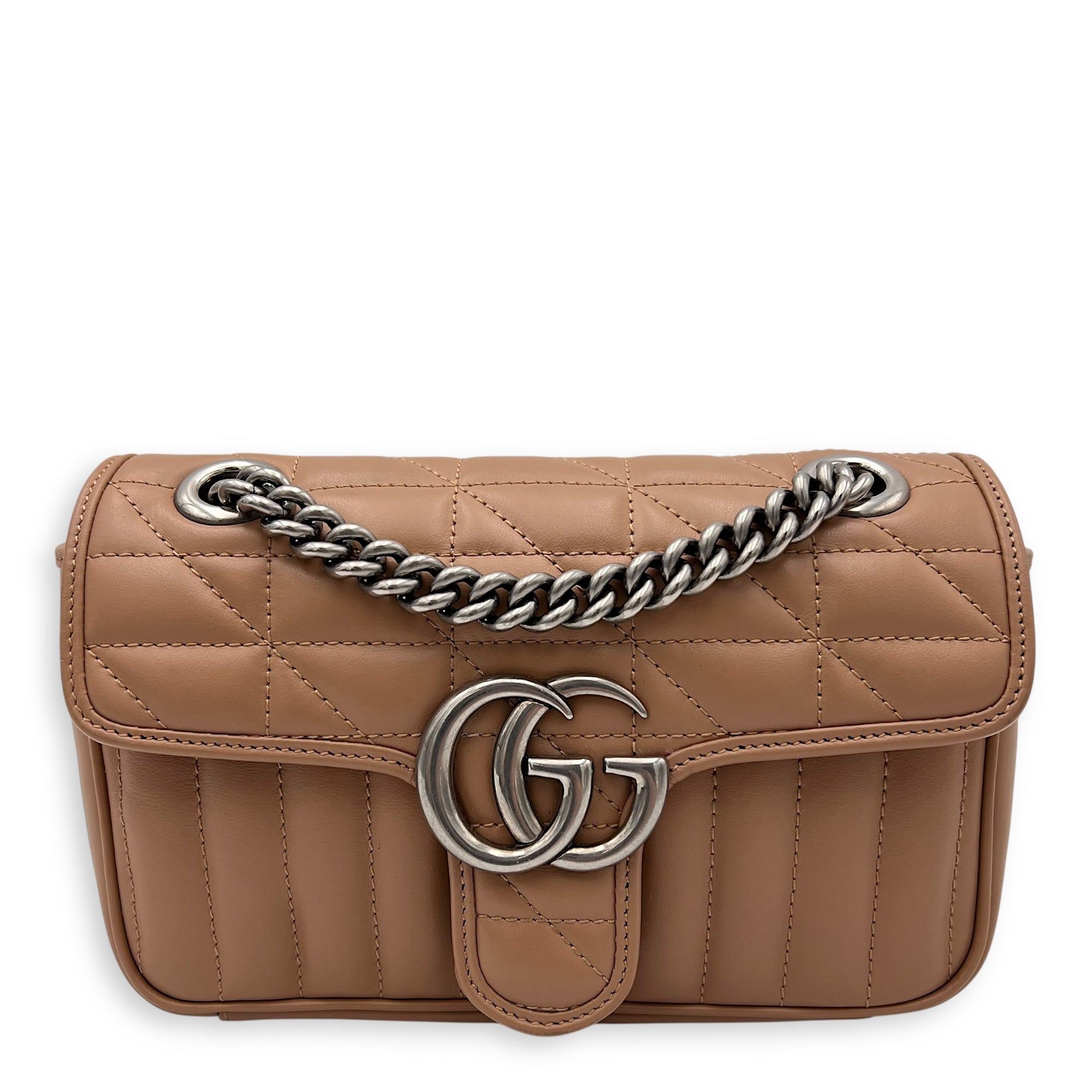 GG Marmont Mini Beige Crossbody Bag in Calfskin, Silver hardware