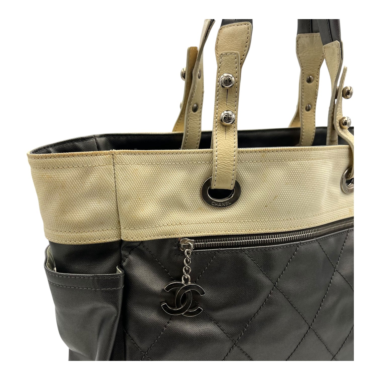 Paris Biarritz Large Grey Tote Bag in Coated Canvas, Silver hardware - Image 9