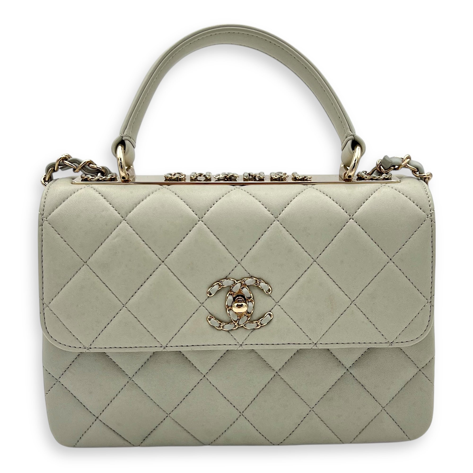 Trendy CC Top Handle Bag Blue in Lambskin, Gold hardware