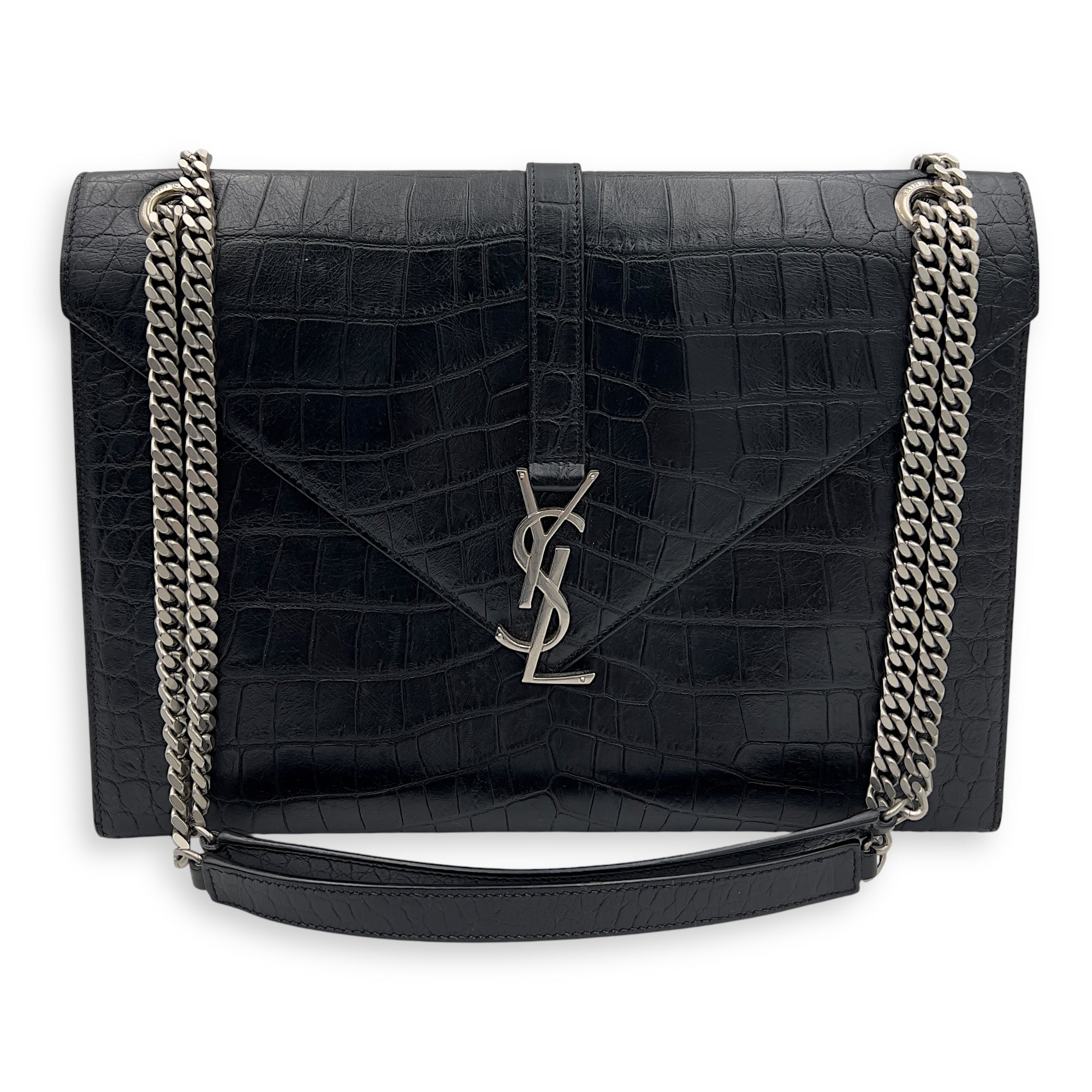 Envelope Shoulder Bag Black in Crocodile Embossed Calfskin, Silver hardware - Image 13